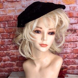 Vintage MCM Clover Lane Black Velvet Pancake Beret